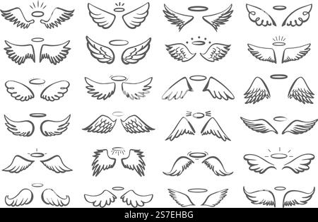 Ailes dessinées à la main avec halo. Symboles d'anges sacrés, éléments de dessin d'esquisse pour l'impression ou le décor. Formes d'aile d'oiseaux, clipart vecteur néotérique saint vintage de l'illustration de plume d'ange de halo. Ailes dessinées à la main avec halo. Symboles d'anges sacrés, éléments de dessin d'esquisse pour l'impression ou le décor. Formes d'ailes d'oiseaux, clipart vecteur néotérique saint vintage Illustration de Vecteur