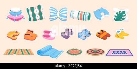 Éléments de maison confortables, pantoufles oreillers et tapis. Moquette moelleuse, oreiller orthopédique et décoratif. Enfants mignons et pantoufle adulte, ensemble vectoriel de tapis et de pantoufles, illustration en coton d'oreiller. Éléments de maison confortables, pantoufles oreillers et tapis. Moquette moelleuse, oreiller orthopédique et décoratif. Enfants mignons et pantoufle adulte, ensemble vectoriel Illustration de Vecteur
