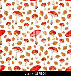 Modèle sans couture d'illustrations aquarelle de champignons forestiers, cadeaux de la nature sur un fond blanc Banque D'Images