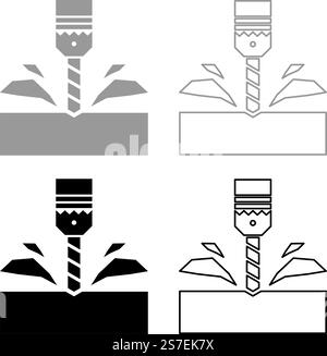 Perceuse avec cartouche traitement des matériaux copeaux bit stationnaire utilisation définie icône gris noir couleur illustration vectorielle image simple remplissage Uni contour ligne mince style plat. Perceuse avec cartouche traitement des matériaux copeaux bit stationnaire utilisation définie icône gris noir couleur illustration vectorielle image plein contour ligne de contour mince plat style Illustration de Vecteur
