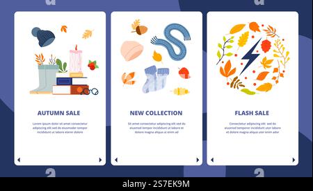 Bannières de vente saisonnière pour applications mobiles. Flyers d'application avec feuilles, vêtements, bottes. Accessoires confortables nouvelle collection, modèle de vecteur de réduction flash d'automne de la conception de modèle d'automne de saison. Bannières de vente saisonnière pour applications mobiles. Flyers d'application avec feuilles, vêtements, bottes. Accessoires confortables nouvelle collection, modèle de vecteur de réduction flash d'automne Illustration de Vecteur