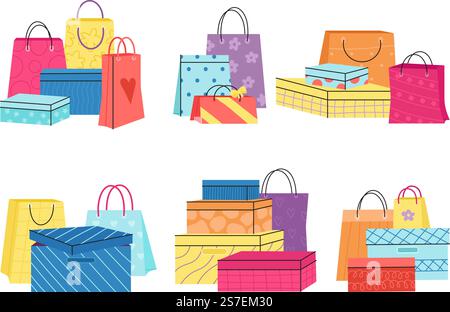 Pile de boîtes en papier et de sacs. Collection de boîtes à chaussures, cadeaux de marque de magasin d'artisanat et achat. Paquet décoratif en papier carton ensemble décent de vecteur de paquet de sac et illustration de paquet de boîte. Pile de boîtes en papier et de sacs. Collection de boîtes à chaussures, cadeaux de marque de magasin d'artisanat et achat. Ensemble décent de vecteur de paquet décoratif en papier carton Illustration de Vecteur
