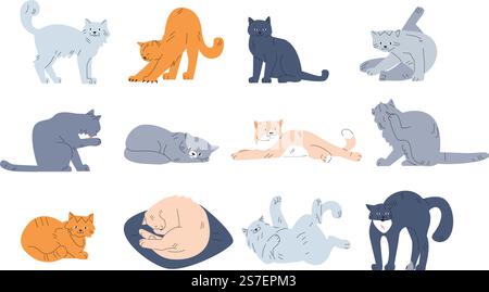 Collection de chats amusants mignons. Chaton personnage dormir, jouer et marcher. Chat de race pure sur oreiller. Dessins animés animaux de compagnie dans diverses poses, animaux vecteurs kicky de chaton mignon, illustration drôle de personnage de chat. Collection de chats amusants mignons. Chaton personnage dormir, jouer et marcher. Chat de race pure sur oreiller. Dessins animés animaux de compagnie dans diverses poses, animaux vecteurs kicky Illustration de Vecteur