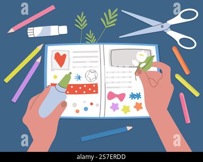 Hobby de scrapbooking, journal à la main avec des éléments coupés en papier. Enfant faisant du bricolage, décorer des coeurs de cahier, des fleurs, des crayons. Atelier de vecteur décent de passe-temps fait à la main, journal intime et scrapbooking, illustration. Hobby de scrapbooking, journal à la main avec des éléments coupés en papier. Enfant faisant du bricolage, décorer des coeurs de cahier, des fleurs, des crayons de couleur. Atelier enfantin de vecteur décent Illustration de Vecteur