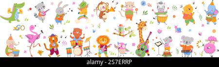 Animaux dansants musicaux, concert de célébration. Instruments de musique pour animaux de bande dessinée. Musique girafe, lion, hippopotame et éléphant. Puérile de nos jours collection vectorielle. Illustration de bande dessinée de musique de concert. Animaux dansants musicaux, concert de célébration. Instruments de musique pour animaux de bande dessinée. Musique girafe, lion, hippopotame et éléphant. Puérile de nos jours collection vectorielle Illustration de Vecteur