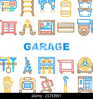 icônes de service d'outils d'accessoires de garage set vecteur. mécanicien automobile, automobile automobile, véhicule de réparation, entretien d'atelier, clé accessoires de garage outil service de ligne de couleur illustrations. icônes de service d'outils d'accessoires de garage set vecteur Illustration de Vecteur