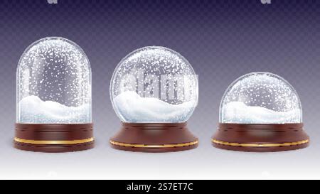 Globes de neige de Noël. Globe en verre avec neige et chutes de neige. Boule de nouvel an 3d réaliste vide sur support en bois. Jouet incandescent, pithy cristal dôme vecteur ensemble de boule de noël en verre avec illustration de neige. Globes de neige de Noël. Globe en verre avec neige et chutes de neige. Boule de nouvel an 3d réaliste vide sur support en bois. Jouet incandescent, ensemble vectoriel de dôme de cristal pieux Illustration de Vecteur