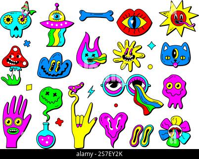 Symboles psychédéliques. Hippy stickers collection émoticônes drôles visages mains champignons couleurs néon hallucination étiquettes récentes illustrations vectorielles. Hippie psychédélique trendy, sticker personnage des années 90. Symboles psychédéliques. Hippy stickers collection émoticônes drôles visages mains champignons couleurs néon hallucination étiquettes récentes illustrations vectorielles Illustration de Vecteur