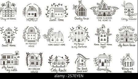 Logo graphique Doodle homes. Cottage style vintage avec des plantes, de minuscules maisons dessinées à la main. Bâtiments de village, architecture nature éléments. Illustration d'architecture de maison ou de doodle vecteur néotérique. Logo graphique Doodle homes. Cottage style vintage avec des plantes, de minuscules maisons dessinées à la main. Bâtiments de village, architecture nature éléments. Maison vectorielle mignonne néotérique Illustration de Vecteur