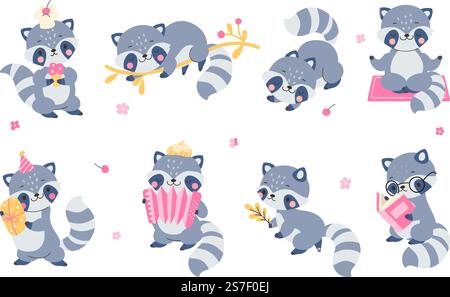 Ensemble raton laveur plat de dessin animé mignon. Ratons laveurs diverses poses, caricature animale drôle. Woodland de nos jours, les personnages vectoriels lisent, jouent de la musique, dorment et mangent. Illustration de personnage de dessin animé divers raton laveur. Ensemble raton laveur plat de dessin animé mignon. Ratons laveurs diverses poses, caricature animale drôle. Woodland de nos jours, les personnages vectoriels lisent, jouent de la musique, dorment et mangent Illustration de Vecteur