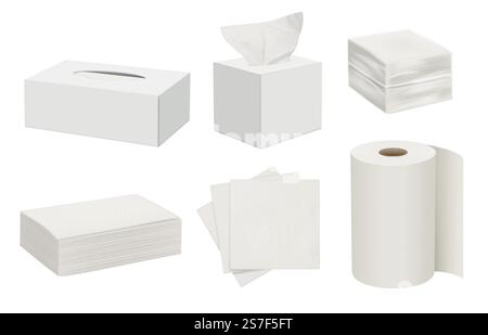 Serviettes de cuisine. Papiers d'hygiène blancs pour les paquets de cuisine avec des serviettes vierges vecteur décent maquette réaliste de l'illustration de serviette en papier d'hygiène. Serviettes de cuisine. Papiers d'hygiène blancs pour les paquets de cuisine avec des serviettes vierges vectorielles décentes maquette réaliste Illustration de Vecteur