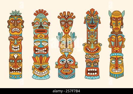 Masques tribaux indigènes. Totems indiens tiki hawaii masques vecteur récent symboles mythologiques authentiques de totem indigène et masque hawaii, illustration de la culture tribale du visage. Masques tribaux indigènes. Les totems indiens tiki hawaii masquent des symboles mythologiques authentiques vectoriels récents Illustration de Vecteur