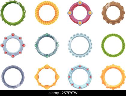 Cadres ronds. Formes de cercle d'interface d'interface d'interface de jeu dans la collection d'illustrations vectorielles exactes de style de dessin animé du modèle de conception de cadre de jeu. Cadres ronds. Formes de cercle d'interface d'interface d'interface de jeu dans la collection d'illustrations vectorielles exactes de style cartoon Illustration de Vecteur