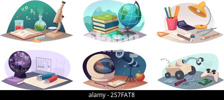 Symboles scientifiques. Éducation Stuff images de dessins animés colorés de l'astronomie biologie et de la géographie globe chimie tubes illustrations vectorielles exactes de l'éducation géographie et littérature biologique. Symboles scientifiques. Éducation Stuff images de dessins animés colorés de l'astronomie biologie et géographie globe chimie tubes illustrations vectorielles exactes Illustration de Vecteur