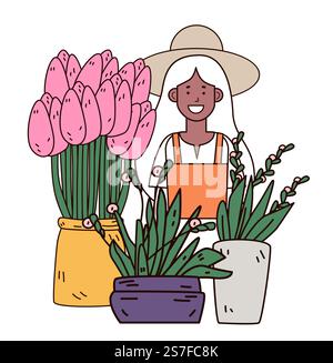 Jardinier avec des fleurs dans des pots femme souriante portant un chapeau entouré de plantes colorées et de verdure simple fond blanc de conception Illustration de Vecteur