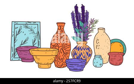 Poterie décorative et vases avec arrangement lavande bols en céramique colorés et assiettes éléments de décoration artistique à la maison style dessiné à la main Illustration de Vecteur