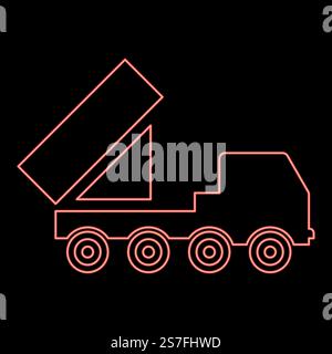 Néon système réactif volley feu salvo artillerie lancement multiple américain sur châssis à roues camion militaire à haute mobilité armée rouge illustration vectorielle image de style plat. Néon système réactif volley feu salvo artillerie américaine lancement multiple sur châssis à roues à haute mobilité armée camion militaire défense aérienne anti avion couleur rouge illustration vectorielle image plat style Illustration de Vecteur