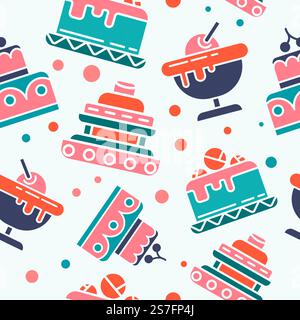 Bonbons et nourriture savoureuse, crème glacée dans un bol avec cerise. Gâteaux avec mousse et glaçage. Délicieux repas pour célébration, anniversaire ou événement. Motif sans couture ou impression de fond. Vecteur dans le style plat. Dessert et gâteaux, crème glacée avec motif cerise Illustration de Vecteur