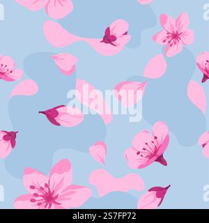 Branches de cerisier avec pétales, fleur de sakura. Fleurs de printemps florissantes en Chine ou au Japon, décoration florale. Motif sans couture ou papier peint, arrière-plans ou décor imprimé. Vecteur dans le style plat. Fleur de Sakura, motifs de branches de cerisier Illustration de Vecteur