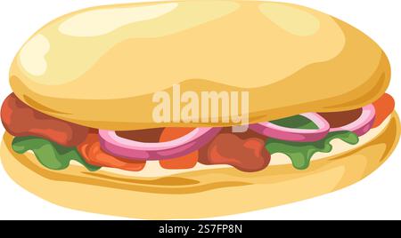 Restauration rapide, sandwich isolé avec viande et légumes, tranches d'oignon et feuilles de salade. Collation savoureuse isolée, à emporter au dîner ou au café. Produit délicieux, repas sain. Vecteur dans le style plat. Sandwich avec des légumes et de la viande, attrapez et partez Illustration de Vecteur
