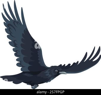 Corbeau avec ailes déployées, isolé volant grand corbeau noir avec plumes et plumage. Animal aviaire, nature sauvage et faune sauvage, nature ou habitat. Habitants de forêt ou de bois. Vecteur dans le style plat. Grand oiseau noir, corbeau ou corbeau dans le vecteur de mouvement Illustration de Vecteur
