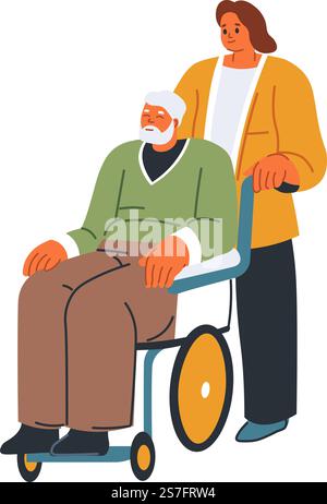 Infirmière soignant le grand-père en fauteuil roulant, femme isolée aidant la personne âgée à vieillir dans la vie quotidienne. Soins de santé, cliniques ou personnel hospitalier qui s'occupe des personnes handicapées. Vecteur dans le style plat. Aide pour la personne handicapée dans le vecteur de fauteuil roulant Illustration de Vecteur