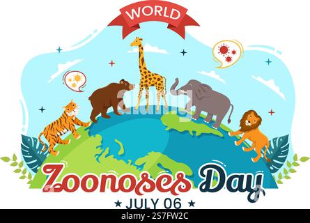 Illustration du vecteur de la Journée mondiale des zoonoses le 6 juillet avec divers animaux qui se trouvent dans la forêt en modèles de page d'arrivée tirés à la main de dessin animé Illustration de Vecteur