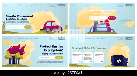 Jeu de bannières d'atterrissage pour le concept d'environnement de sauvegarde. Collection de pages Web avec protéger l'écosystème terrestre, illustration vectorielle. Voiture de dessin animé, usine, feu de forêt et pollution chimique. Jeu de bannières d'atterrissage pour le concept d'environnement de sauvegarde Illustration de Vecteur