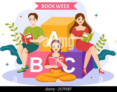 Livre semaine événements scénario Illustration avec des gens lisant ou des étudiants Etudier des manuels en dessin plat dessin main dessin de page d'accueil modèles Illustration de Vecteur