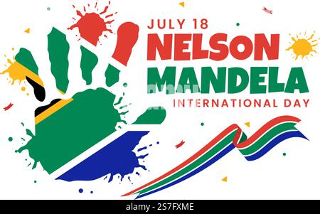 Bonne illustration du vecteur de la Journée internationale Nelson Mandela le 18 juillet avec un drapeau d'Afrique du Sud dans des modèles de page d'arrivée tirés à la main de dessin animé Illustration de Vecteur