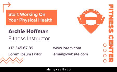 Commencez à travailler sur votre centre de remise en forme physique sain avec instructeur et conseiller. Coordonnées avec numéro de téléphone, nom de la société et site. Services d'offre de cartes de visite. Vecteur dans le style plat. Carte de visite du centre de fitness avec coordonnées Illustration de Vecteur