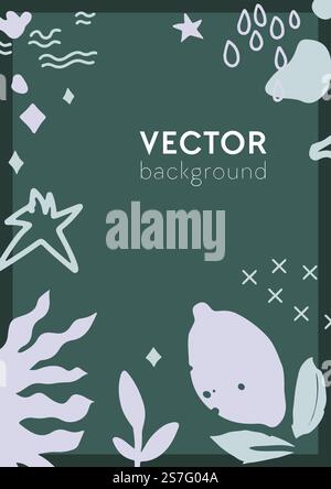 Floraison et décoration sur le modèle de fond de couverture. Typographie avec espace de copie, gouttes de pluie et nuages, citron et feuilles, croix et plantes conception de végétation. Vecteur dans l'illustration de style plat. Fond vectoriel, florissant et décoration Illustration de Vecteur
