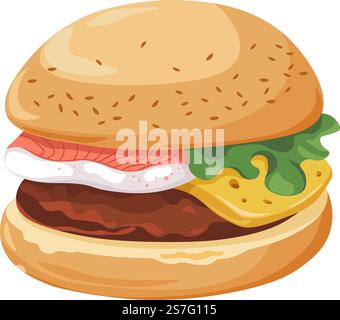 Hamburger ou restauration rapide, sandwich isolé avec feuilles de salade verte et tranche de fromage, saumon et steak de viande. Des collations savoureuses à emporter et à emporter. Commandez dans un café ou un bistrot. Vecteur dans le style plat. Sandwich avec viande, légumes et vecteur de fromage Illustration de Vecteur