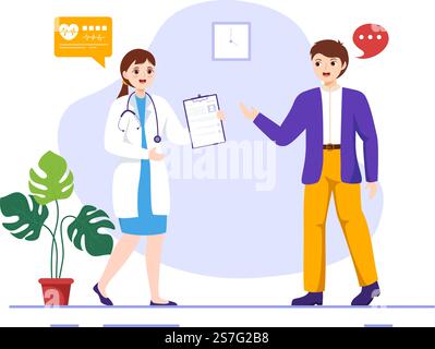 Illustration du vecteur du système d'anamnèse pour obtenir des informations sur la base de données sur les maladies et les soins de santé dans des modèles de page d'accueil dessinés à la main sur un dessin animé à plat Illustration de Vecteur