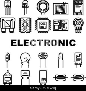 vecteur de jeu d'icônes de puce électronique de composant. circuits microchip, ingénierie matérielle, processeur de pièces, composants électriques composants électroniques de technologie illustrations de contour noir. vecteur de jeu d'icônes de puce électronique de composant Illustration de Vecteur