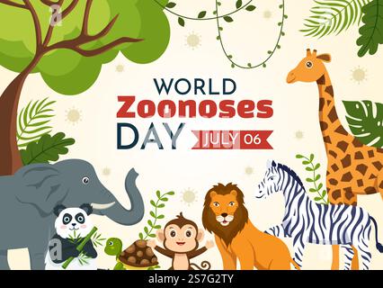 Illustration du vecteur de la Journée mondiale des zoonoses le 6 juillet avec divers animaux qui se trouvent dans la forêt en modèles de page d'arrivée tirés à la main de dessin animé Illustration de Vecteur