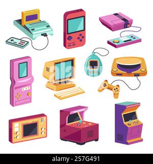 Old School et jeux rétro, appareils pour les enfants et les adultes de loisirs. Tetris et ordinateurs, playstations avec joystick et boîtes de jeu avec boutons et écrans. Vecteur dans le style plat. Jeux rétro et appareils de divertissement Illustration de Vecteur