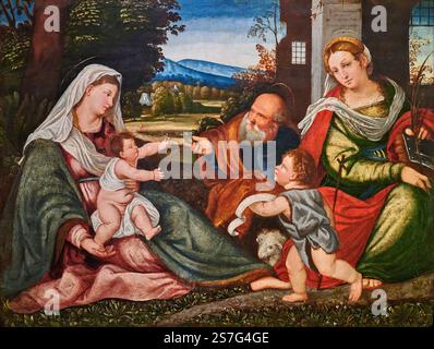 Madonna col Bambino con S, Giovannino.S. Giuseppe e S. Caterina - olio su tela - Francesco Vecellio - secondo decennio del XVI secolo - Vicenza, Banque D'Images