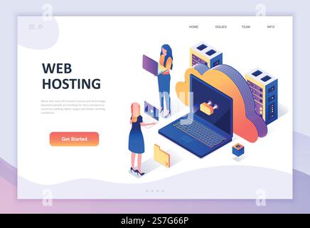 Concept isométrique moderne de conception plate de Web Hosting décoré caractère de personnes pour le développement de site Web et de site Web mobile. Modèle de page de destination isométrique. Illustration vectorielle. Illustration de Vecteur