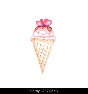 Art alimentaire de l'ensemble aquarelle de crème glacée rose . Coeur dessert , illustration romantique pour les amoureux. Crème glacée dessinée dans une tasse à gaufres pour l'impression de conception de cartes postales Banque D'Images