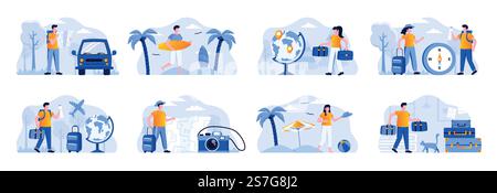 Les scènes de vacances de voyage regroupent des personnages de personnes. Touristes voyageant en voiture ou en avion, couple avec bagages, surfeur avec des situations de planche de surf. Vacances d'été et illustration vectorielle plate d'activité Illustration de Vecteur