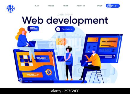 Page d'accueil plate de développement Web. L'équipe créative de concepteurs et de développeurs travaillent ensemble l'illustration vectorielle. Développement de pile complète, composition de page Web d'ingénierie logicielle avec des personnages de personnes Illustration de Vecteur