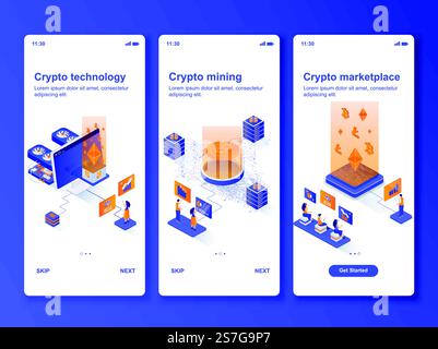 Kit de conception isométrique pour technologie crypto. Crypto-minage et modèles de trading de marché pour application mobile. Écrans d'intégration UX de l'interface utilisateur de la technologie blockchain. Illustration vectorielle avec de minuscules personnages de personnes.. Kit de conception d'interface graphique isométrique pour technologie crypto. Illustration de Vecteur