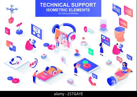 Ensemble de support technique d'éléments isométriques. Chatbot, opérateur de centre d'appels, casque, consultant hotline, icônes isolées d'assistance en ligne. Kit d'illustration vectorielle isométrique avec personnages de personnes.. Ensemble de support technique d'éléments isométriques. Illustration de Vecteur