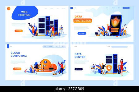 Ensemble de modèle de page de renvoi pour l'hébergement, la protection des données, le datacenter, le Cloud Computing. Illustration vectorielle moderne concepts plats décorés caractère de personnes pour le développement de site Web et de site Web mobile. Illustration de Vecteur
