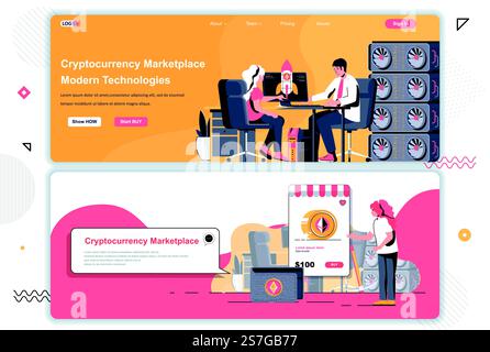 Jeu de pages de destination d'exploration de crypto-monnaie. Technologie blockchain, site Web d'entreprise de ferme de minage de crypto. Illustration vectorielle plate avec des personnes. Concept Web utiliser comme en-tête, pied de page ou contenu intermédiaire. Illustration de Vecteur