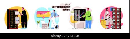 Jeu de scènes de concept d'exploration de crypto-monnaie. Fermes de minage Bitcoin, technologie de monnaie numérique, commerce sur la monnaie du marché. Collecte d'activités de personnes. Illustration vectorielle de personnages dans la conception plate Illustration de Vecteur