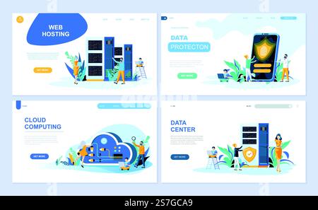 Ensemble de modèle de page de renvoi pour l'hébergement, la protection des données, le datacenter, le Cloud Computing. Illustration vectorielle moderne concepts plats décorés caractère de personnes pour le développement de site Web et de site Web mobile. Illustration de Vecteur
