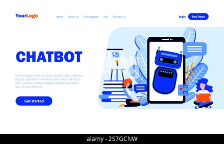 Modèle de page de destination plate chatbot avec en-tête. Support en ligne, bannière Web de service d'aide de dialogue, conception de page d'accueil. Illustration vectorielle de l'application mobile assistant robot. Concept de communication virtuelle Illustration de Vecteur