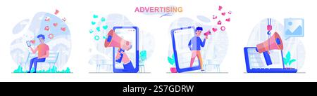 Ensemble de scènes de concept publicitaire. Campagne de publicité dans les réseaux sociaux, attirer des clients, promotion des entreprises. Collecte d'activités de personnes. Illustration vectorielle de personnages dans la conception plate Illustration de Vecteur